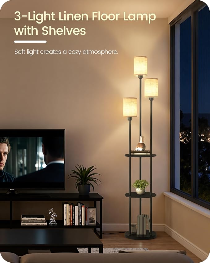 Floor Lamp with Shelves, Modern Floor Lamp with 3 Linen Shades and Foot Switch, 3-Light Standing Lamp, for Living Room, Bedroom, Study, Office, Black and Beige E53LD05
