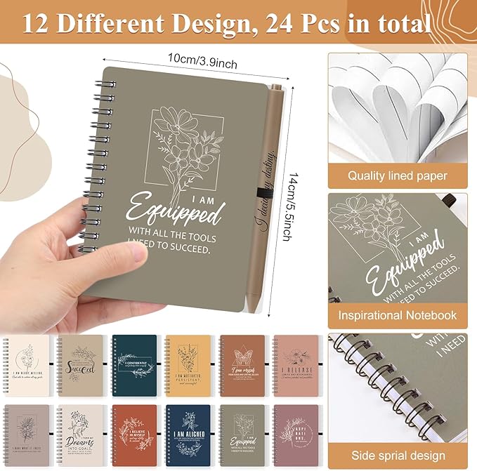 Kosiz 48 Pcs/24 Set Positive Affirmation Gifts Gratitude Spiral Notebooks with Pens Motivational Encouragement Notepads Daily Affirmations Journal for Women Valentine Galentine Gifts (Soft)