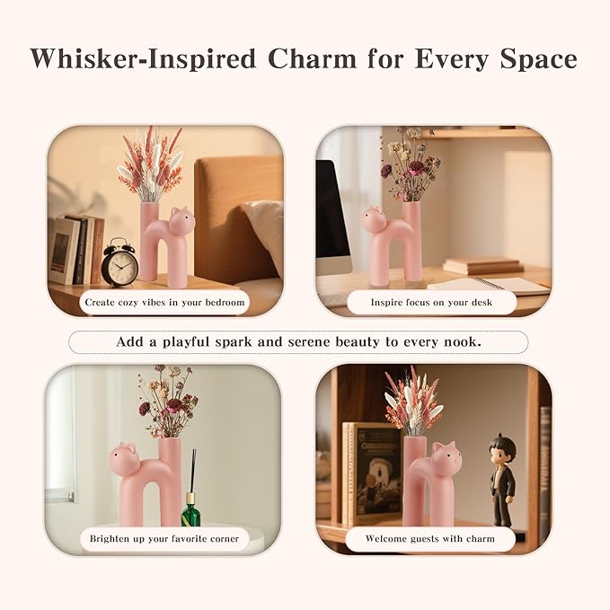 Pink Cat Lover Gift – Cute Animal Vase for Dried Flowers, Pampas Grass – Kawaii Boho Decor for Girls Room, Desk, or Shelf – Gift for Women, Girlfriend & Cat Moms