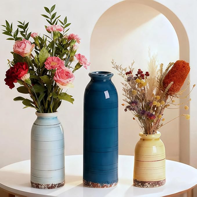 Ceramic Vase Set of 3 – Handcrafted Modern Farmhouse Decorative Vases for Boho Living Room Centerpieces, Entryway Decorations, Coffee Table, Bookshelf, Fireplace Mantel