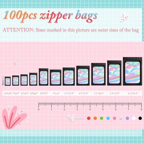 Funfery 100 Pcs Black Holographic Mylar Packaging Bags - Resealable Odor Proof Foil Pouches (4x6 In) | Ideal for Food, Snacks, Jewelry, and More