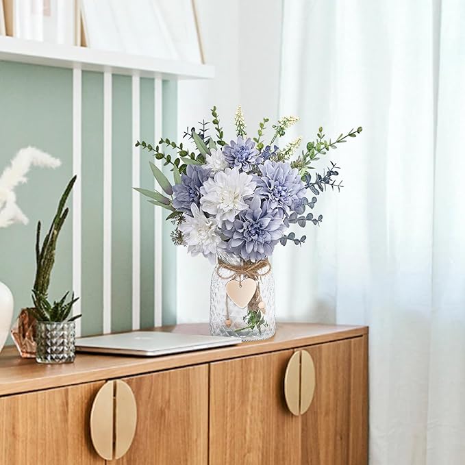 MARTINE MALL Fake Flowers in Vase, Faux Flowers in Vase, Dahlia Artificial Flowers in Vase Centerpiece Table Decorations Artificial Flower Arrangement for Home Dining Room Office Farmhouse, Blue