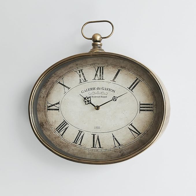 Vintage Decorative Wall Clock - 16 inch, Distressed Gold, Oval Pocket Watch Design, Roman Numerals, Battery Operated, Large Antique Style for Living Room, Kitchen, Bedroom Decor