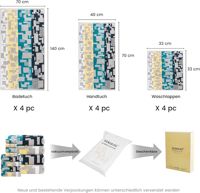 SEMAXE Bath Towel Set, 12 Piece Cotton Towel Set for Bathroom, More Towels for Family Use, Quick Dry with Hanging Loops, Easy Care, Geometric Pattern