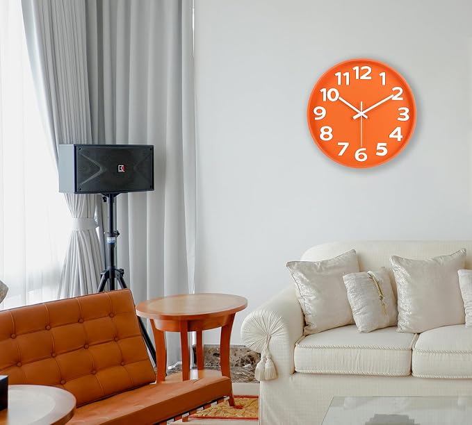 45MinST 12-Inch Modern Indoor Outdoor Wall Clock, Minimalist Orange Design, Silent Non-Ticking, Large Numbers, Perfect Decorative Accent for Home or Office (Orange)