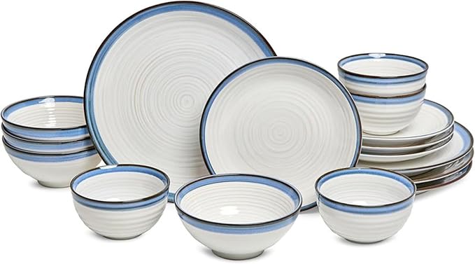 Sango Siterra Santorini 16-Piece Stoneware Dinnerware Set for 4, Ceramic White Plates and Bowls Sets with Blue Rim & Reactive Glaze, Chip Resistant Dish Set, Microwave & Dishwasher Safe Kitchen Dishes
