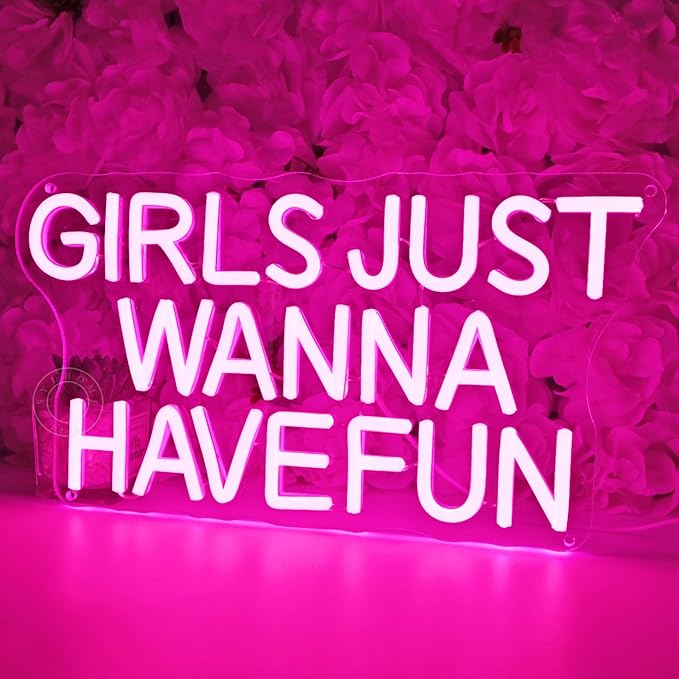 SYLHOME Pink Led Neon Light Sign Girls Just Wanna Have Fun Bedroom Girls Room Wall Decor Sign Birthday Wedding Christmas Party Backdrop Sign USB 15"X7.9"