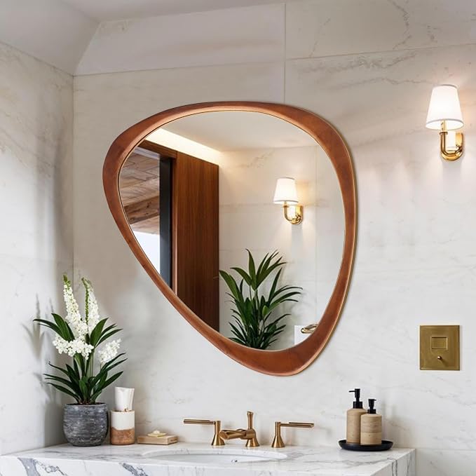 24''x19'' Asymmetrical Mirror with Wood Frame, Small Irregular Wall Odd Shaped Mirror Mid Century Modern Decor for Bedroom Living Room Entryway Hall