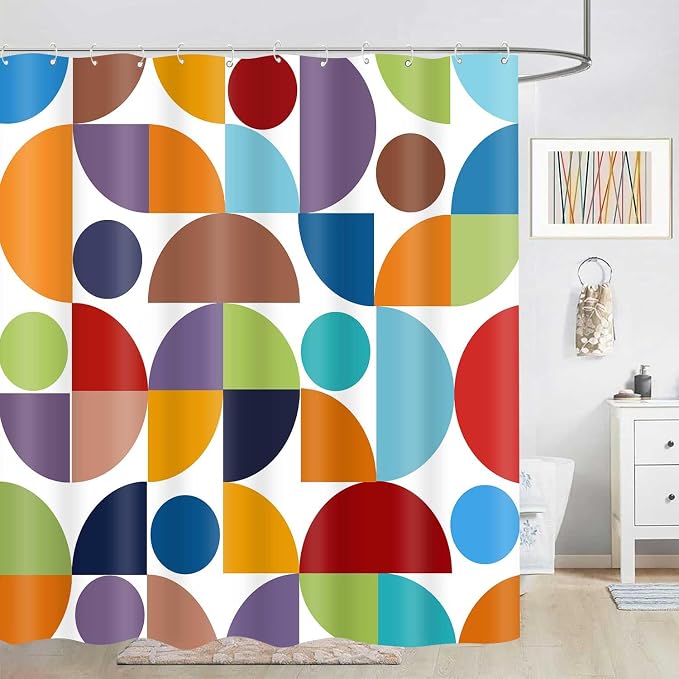 Colorful Modern Geometric Shower Curtain Vintage Mid Century Boho Abstract Art Bathroom Curtain Decor 72x72 Inch Washable Fabric Retro Bright Cute Circle Patterned Bath Curtain with 12 Hooks