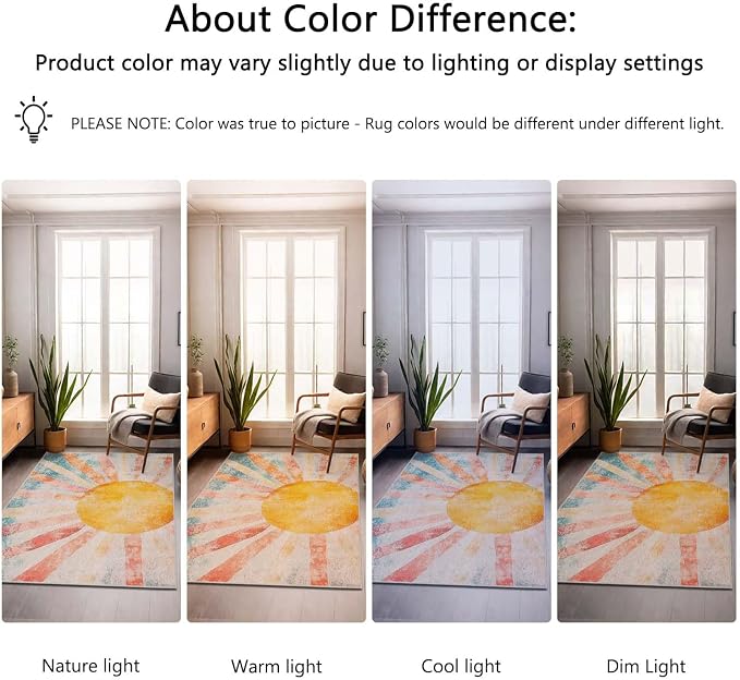 9x12 Boho Sun Area Rug Retro Orange Yellow Blue Beige Bedroom Rug Low Pile Thin Large Carpet Living Room Non Slip Dining Room Stain Resistant Office Washable Machine Classroom