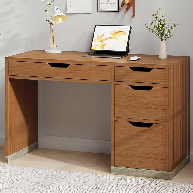 48 Inch Small Office Desk with 4 Drawers for Bedroom, Computer Desk with Storage, Study Desk with Filing Cabinet for Kids, Brown