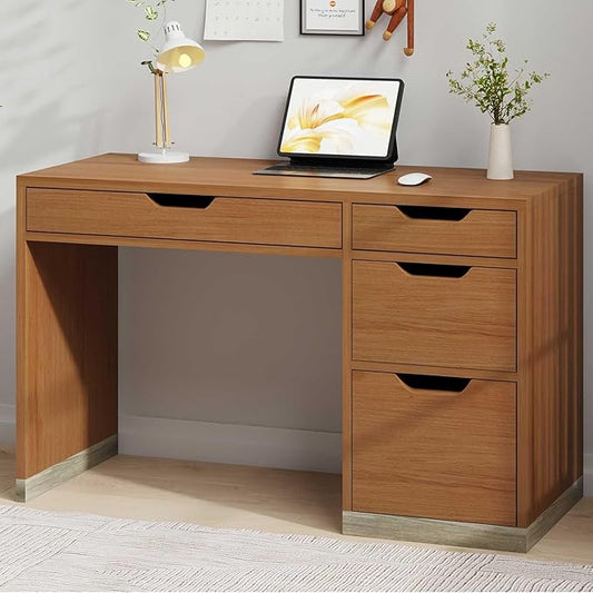 48 Inch Small Office Desk with 4 Drawers for Bedroom, Computer Desk with Storage, Study Desk with Filing Cabinet for Kids, Brown
