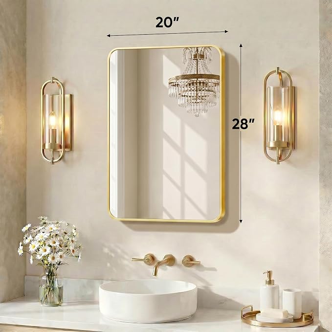 Sweetcrispy Bathroom Mirror for Over Sink, 20x28 Inch Wall Mount Mirror with a Rounded Rectangle and Matte Metal Frame, Modern Wall Vanity Mirrors for Home Decor, Living Room, Bedroom, Gold