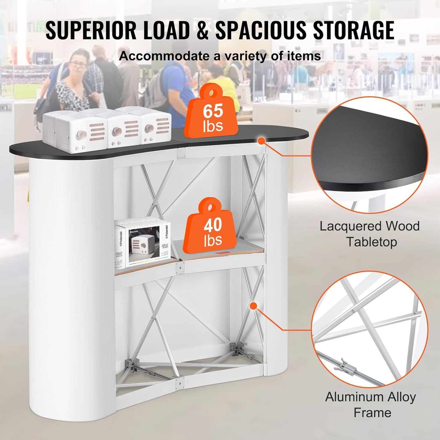 VEVOR Portable Tradeshow Podium Table - Foldable Exhibition Counter Stand | 51.18" x 18.31" x 37.4" with Storage Rack & Carrying Bag
