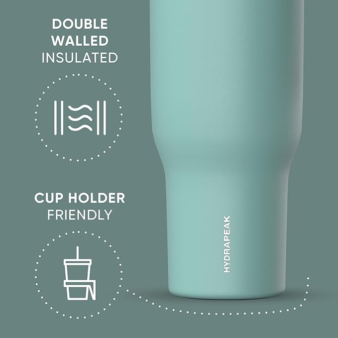 Hydrapeak Voyager 40 Oz Stainless Steel Tumbler with Handle, Insulated Water Bottle With Straw & Lid, Cupholder Friendly Reusable Travel Mug (Pale Sage)