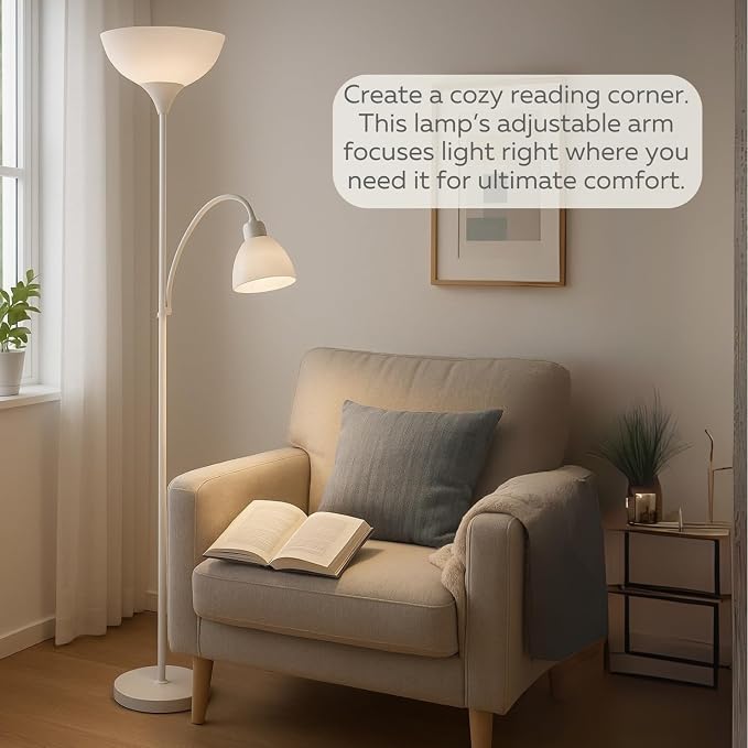 LIGHTACCENTS Floor Lamp with White Plastic Shades, Adjustable Standing Lamp, Reading Light, Head Lamp, Ideal Floor Lamps for Living Room, Measures 12x12x72 inches