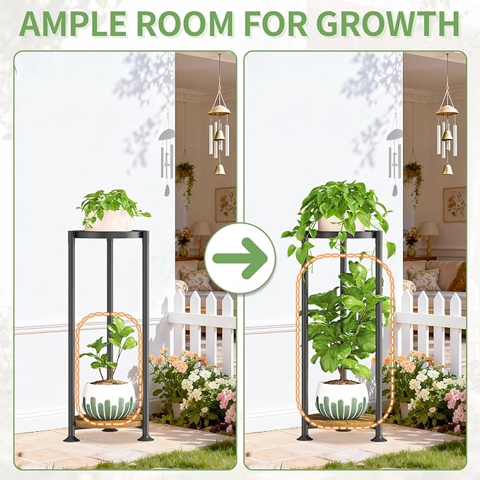 KMOTASUO 2 Tier Black Plant Stand Indoor for Large Tall Heavy Duty Planter, Multiple Sturdy Metal Flower Corner Rack for Narrow House Floor, Iron Vertical Level Round Orchi Holder Organizer, Modern