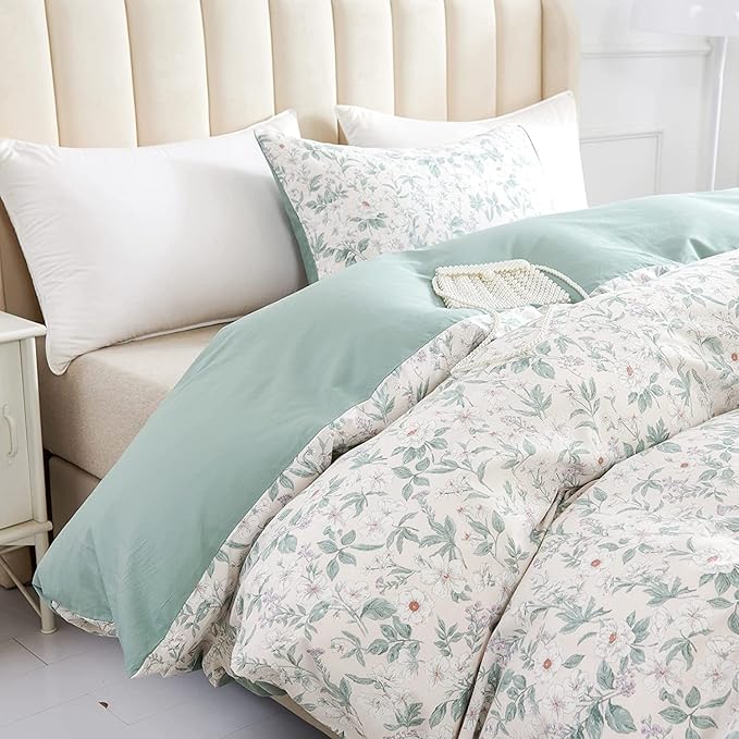 EAVD Vintage Style Garden White Floral Duvet Cover Queen Soft 100% Cotton Flower Green Leaves Botanical Bedding Set with 2 Pillowcases Chic Botanical Floral Comforter Set Aesthetic Bedding Set