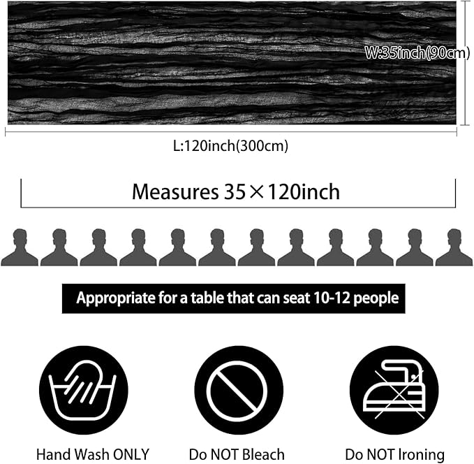 12 Pack 10Ft Cheesecloth Table Runner 35x120 Inch Boho Gauze Table Runner Rustic Cheese Cloth Long Romantic Table Runners for Wedding Bridal Shower Birthday Party Table Decor (Black)