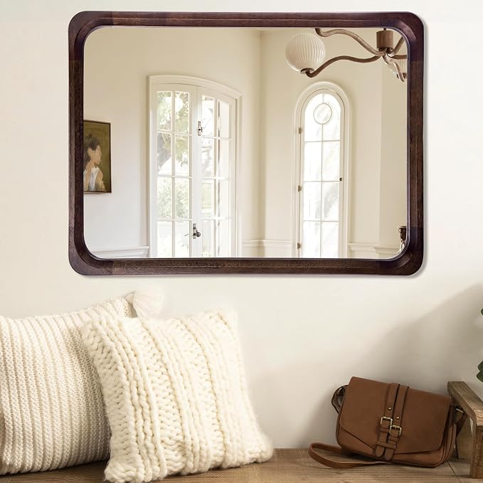 Tanmicoshomy Wood Bathroom Mirrors for Wall 30 x 40 Inch, Large Mirrors with Tempered Glass for Living Room Bedroom Office or Entryway(Dark Brown)