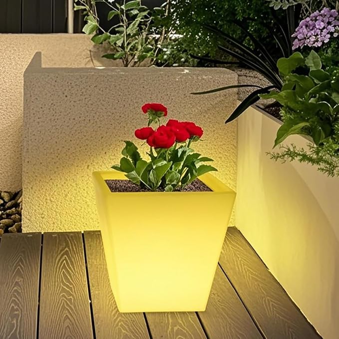 Mr.Go 16-inch LED Flower Pot Light w/Remote, 16 Color Changing Colorful Square Flowerpot, Rechargeable Lighted Planter & Ice Bucket for Home Decor, Perfect for Garden, Party, Wedding, Gifts