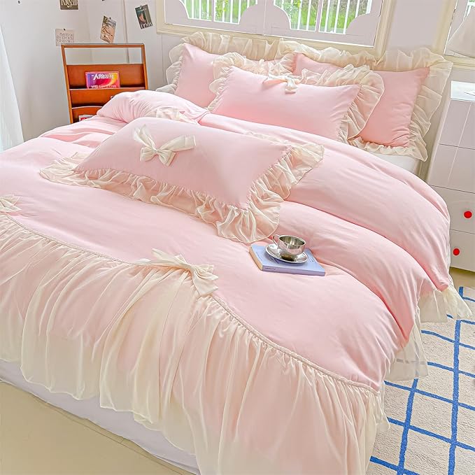 Chic Lace Bedding,Girls Twin Aesthetic Comforter Cover Set,Romantic French Princess Style Ruffled Duvet Cover with Lovely Bow with Zipper Closure-Pink,Twin Size