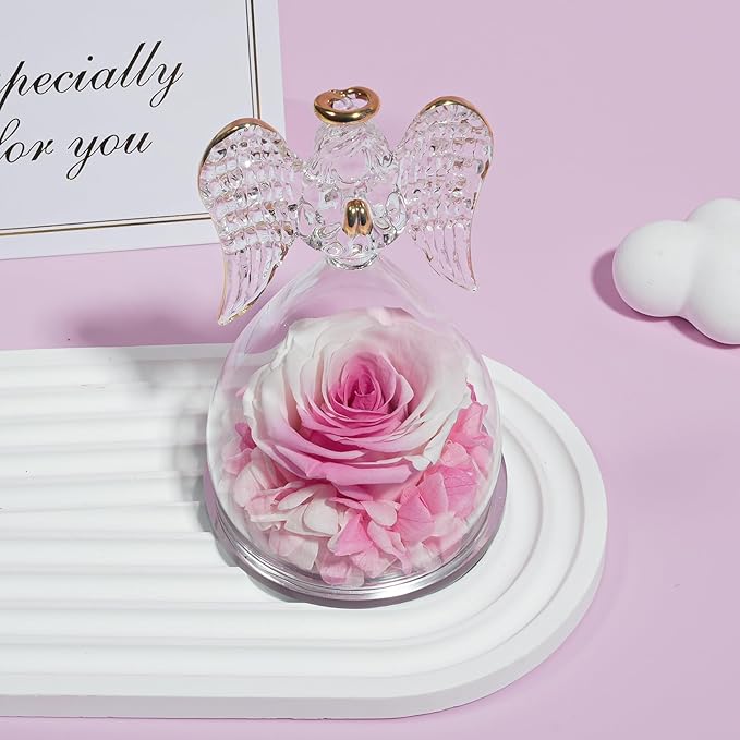 Yamonic Birthday Gifts for Women, Angel Figurines with Real Rose Gifts for Her Mom Grandma,Preserved Flowers Rose Gifts for Christmas Anniversary Birthday Gifts for Her (White+Pink)