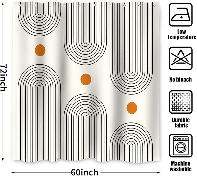 Boho Mid Century Shower Curtain, Modern Abstract Arch Sun Ivory Machine Washable Waterproof Fabric for Bathroom Decor Bathtub with 10 Hooks 60Wx72H