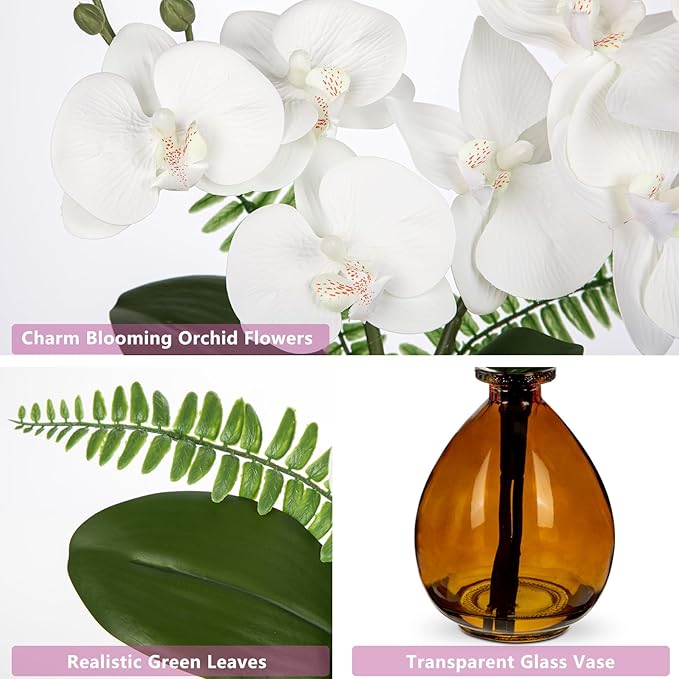 Oairse White Orchids Artificial Flowers, Faux Orchid in Glass Vase Real Touch Small Phalaenopsis Orchid Flowers Arrangements with Amber Vase Orchids Centerpiece for Dining Room Table