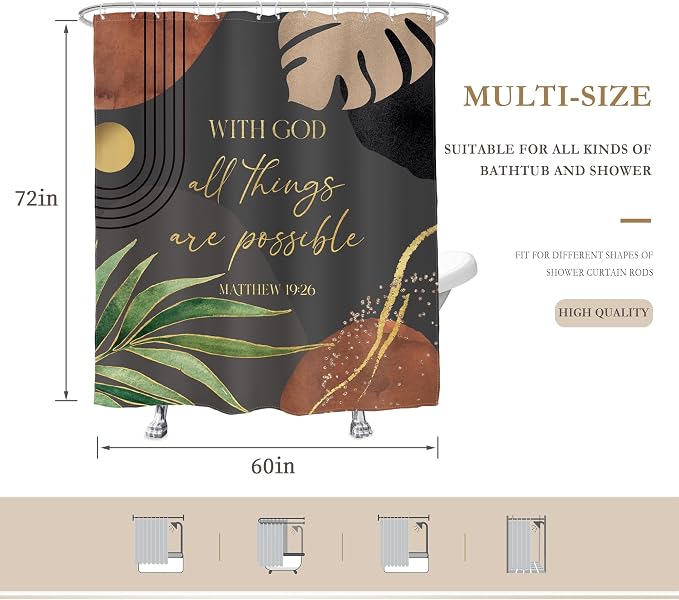 Glawry Dark Green Boho Bible Verse Shower Curtain Christian Inspirational Scriptures Quotes Abstract Tropical Palm Bathroom Mid Century 60Wx72L Inches Bath Accessories Home Decor Fabric 12 Pack Hooks
