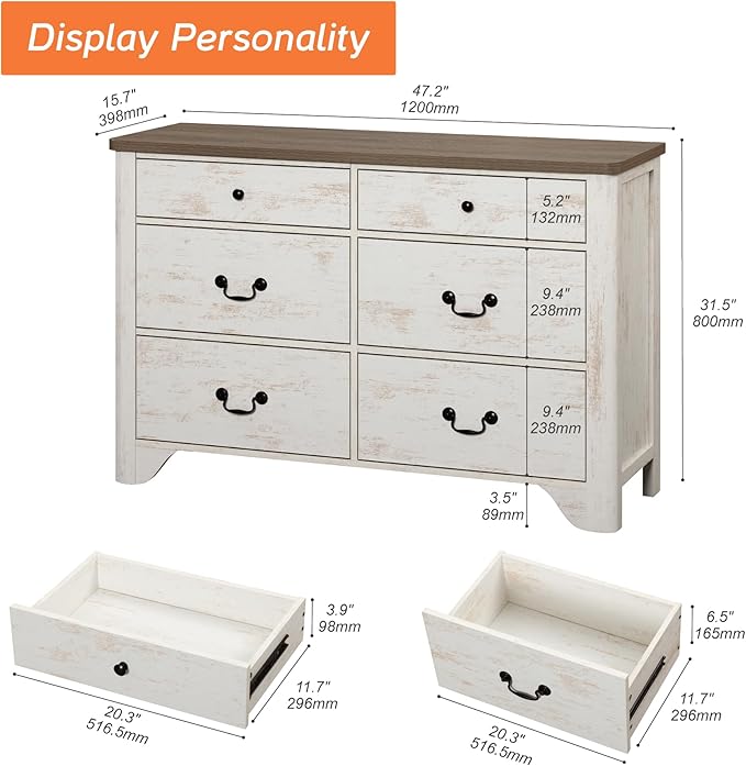 WAMPAT Farmhouse 6 Drawer Dresser for Bedroom, 47.2" White Dresser with Large Storage Drawers and Metal Handle, Wide Chest of Drawers with Solid Wood Legs, Wood Dressers for Bedroom, Closet, Hallway