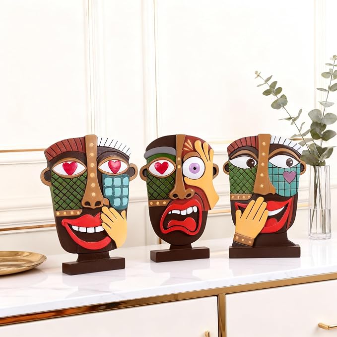 Colorful Abstract Face Sculpture Set of 3 - Modern Cubist Resin Statues for Home Decor, Picasso-Style Artistic Figurines for Shelf, Desk, Bookshelf, Living Room Accents - Unique Gift for Art Lovers