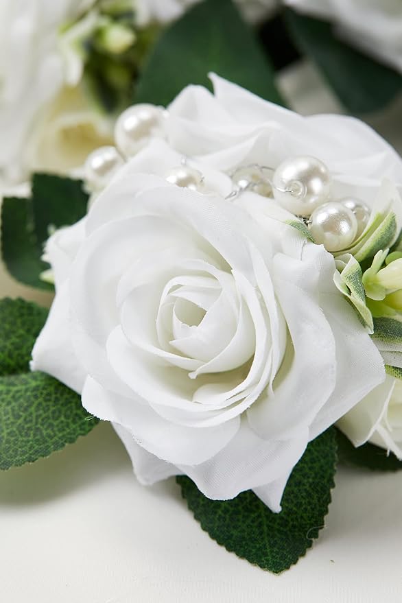 Meldel White Corsage and Boutonniere Set,Set of 2,Rose Wrist Corsage Wristlet Bracelet for Bride Bridesmaid Girls,Boutonniere for Men,Groomsmen and Groom Boutonniere for Wedding,Prom,Homecoming,Party