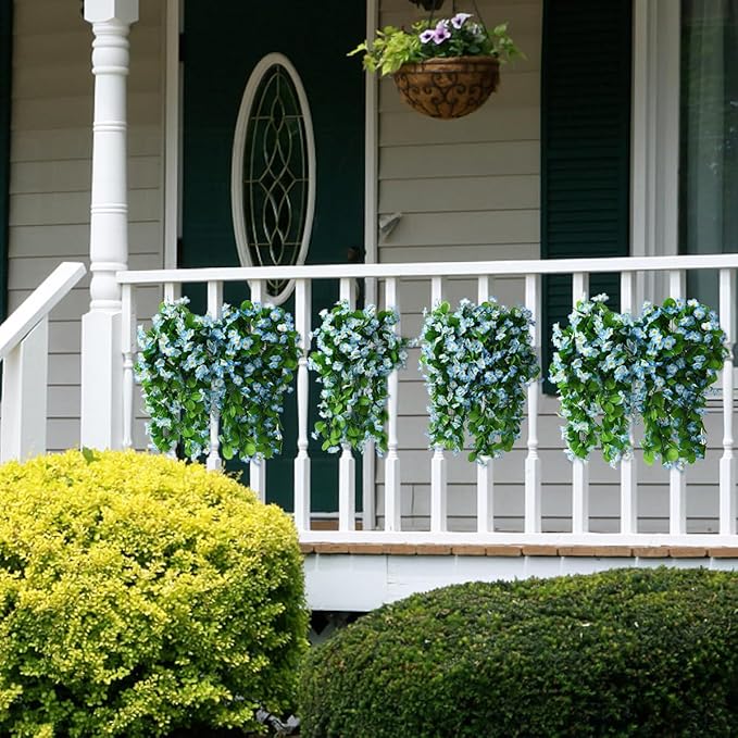Artificial Fake Hanging Flowers Plants for Outdoor Spring Decoration, 2PCS Faux Silk Violet UV Resistant Look Real Trailing Vines for Outside Home Planter Porch Patio(Blue)