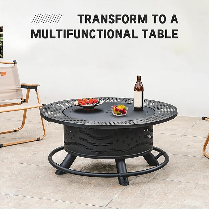 Panovue 36 Inch Fire Pit with 2 Cooking Grates, Outdoor Wood Burning BBQ Grill Firepit Bowl with Cover Lid, Steel Round Table for Backyard Bonfire Patio Picnic (Black, 36IN)