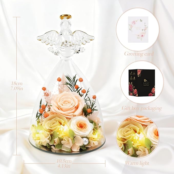 Christmas Rose Gifts for Women, 7" Champagne Preserved Roses Flowers in Glass Angel Figurine, Birthday Gift for Mom Wife Grandma, Eternal Rose for Mothers Day Valentines Anniversary