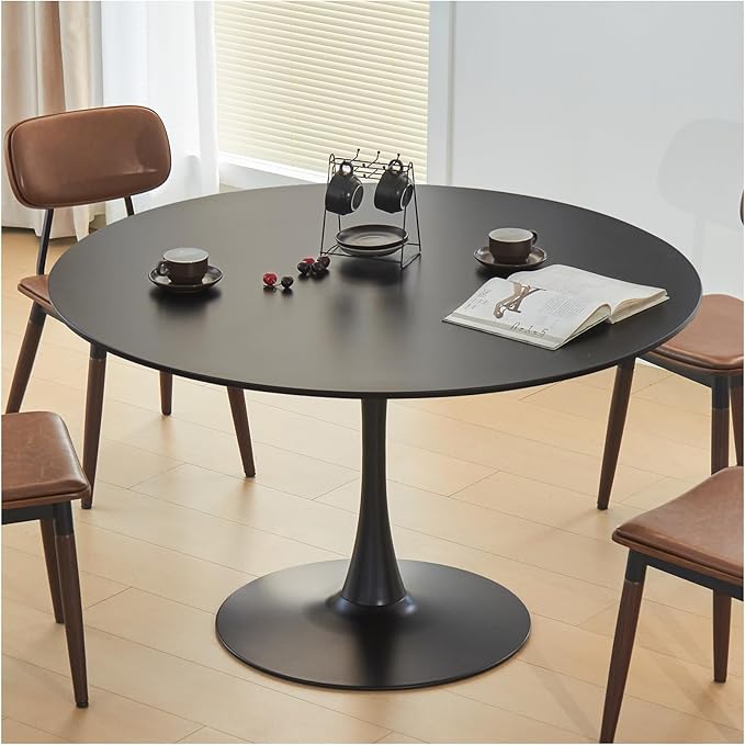 Round Dining Tulip Table for 4, Mid-Century Modern Table with Sturdy Metal Pedestal for Kitchen, Bistro, Cafe, Leisure (Black, 43.5 INCH)