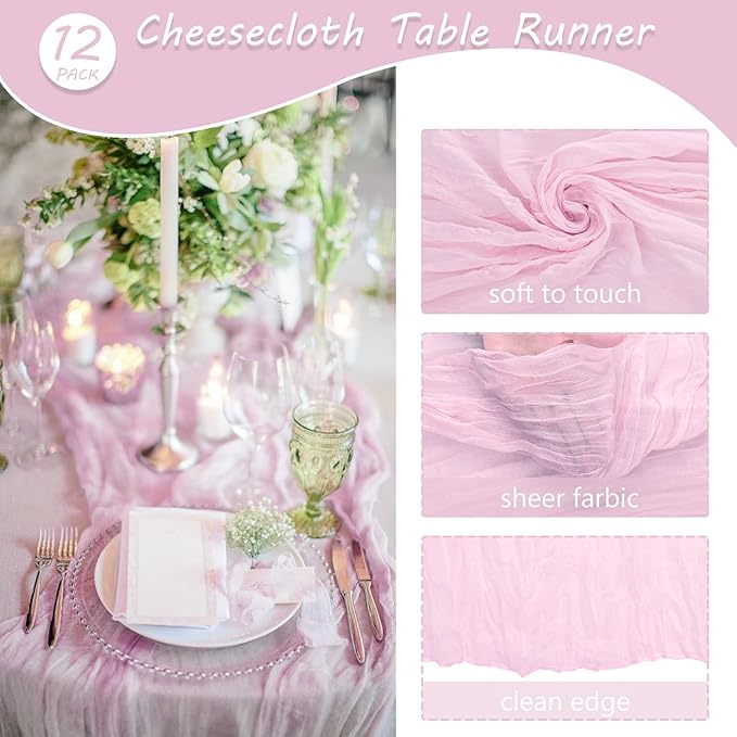 Fivenl 12 Pack Cheesecloth Table Runner 35x72 Inch Boho Gauze Rustic Cheese Cloth Long Romantic for Wedding Bridal Shower Birthday Party Decor (Pink Purple)