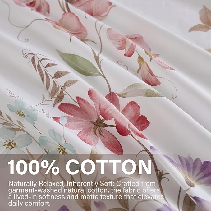 100% Cotton Duvet Cover Queen Size – Pastel Lavender Print Vintage Bedding Set with Zipper Closure, 3 Pieces Luxury & Silky Soft Comforter Cover for All Seasons