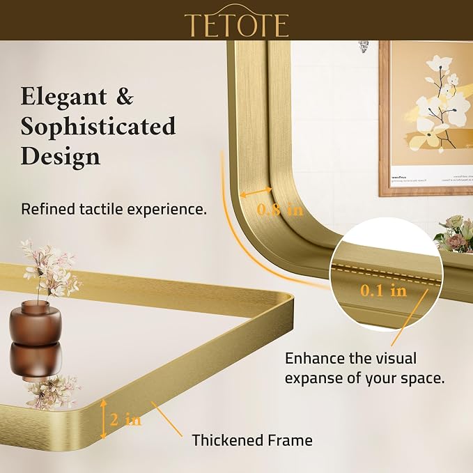 TETOTE 32 x 36 Inch Brushed Gold Frame Mirror, Bathroom Vanity Mirror for Wall, Modern Rectangle Round Corner Matte Framed Mirror (Horizontal/Vertical)
