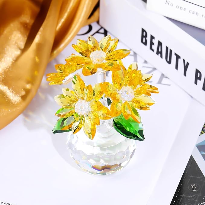 YWHL Handmade Yellow Crystal Flower Figurine with Base, Beautiful Glass Flower Gifts for Women, Flower Collectible Figurines Decoration for Christmas, Valentine's Day, Wedding (Yellow)