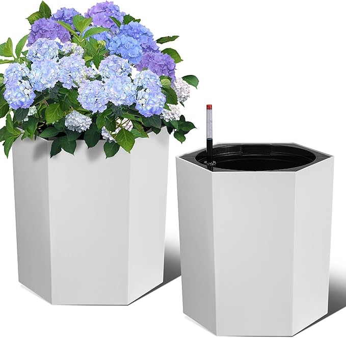 16in Plant Pots Set of 2, Self Watering Planters for Indoor Plants with Water Level Monitoring, Bottom Wheels and Water Outlet for Garden Flower Pot, Patio, Balcony, Lounge, Front Porch Decor