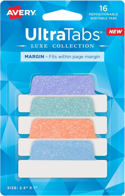 Avery Margin Ultra Tabs - 2.5" x 1" Pastel Sparkle Shimmer Designs | 16 Repositionable Page Tabs