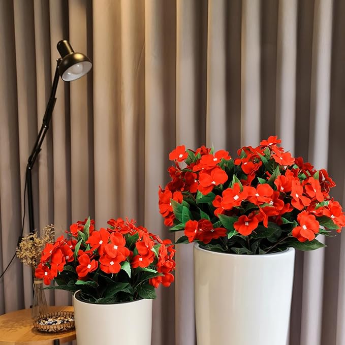 6 Pcs Artificial Red Christmas Flowers Christmas Decor, Velvet UV Resistant Faux Impatiens for Indoor Table Outdoor Planters Patio Lawn Garden Balcony Pot