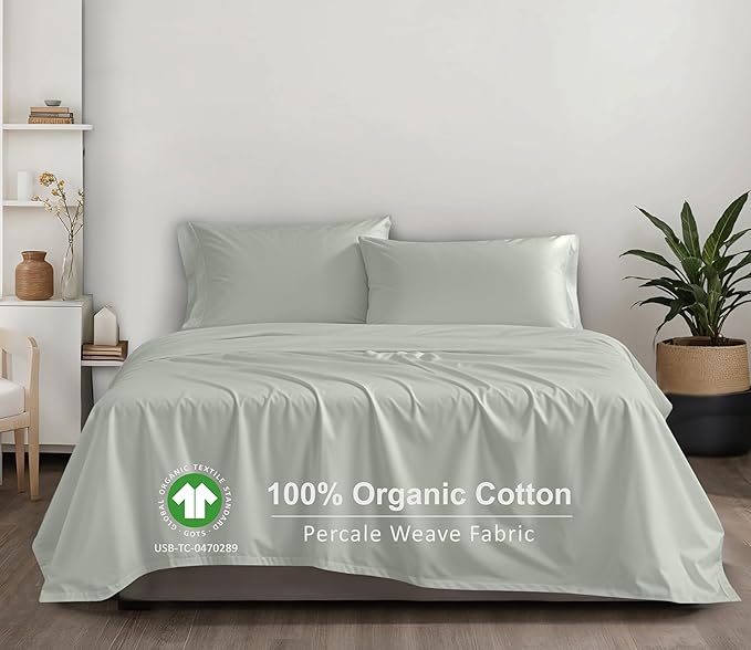 RUVANTI 100% Organic Cotton Sheets King Size, Percale Weave, GOTS Certified, 4-Piece Set, Deep Pocket 15", Crisp & Breathable, Soft Durable Bedding, Sábanas Algodón Orgánico – Mineral Gray