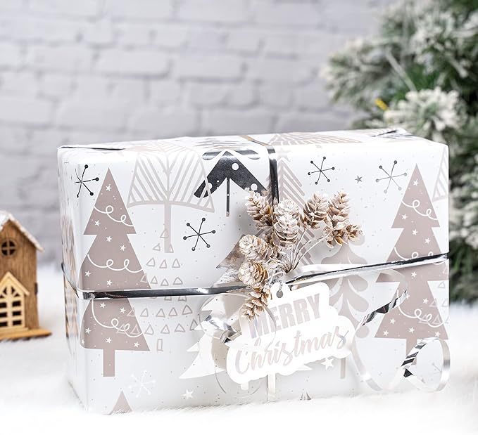 LeZakaa Christmas Wrapping Paper Bundle - Mini Roll with Bow, Ribbon, Sticker and Gift Tag -Silver Metallic Foil Design with Tree/Snowflake/Plaid Print- 17 x 120 inches -3 Rolls(42.5 sq.ft.ttl.)