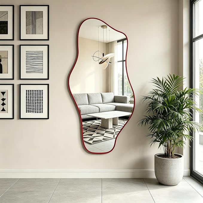 Irregular Wall Mirror, 47.2"x24" Asymmetrical Tempered Glass Mirror, Frameless Organic Shaped Mirrors for Entryway Bedroom Living Room Bathroom, Horizontal or Vertical Hanging ﻿