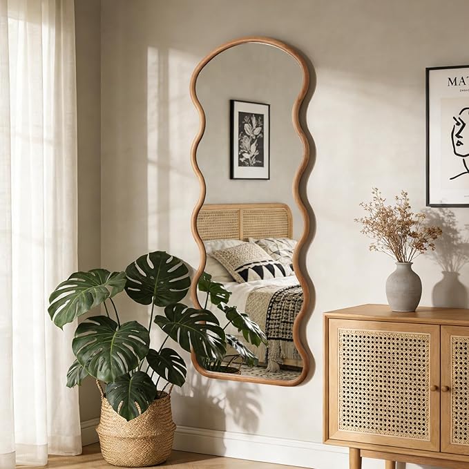 WallBeyond 24"x65" Full Length Wood Arched Mirror, Natural Wood Boho Accent Mirror with Wavy Design, Decorative Floor or Wall Mounted for Bedroom