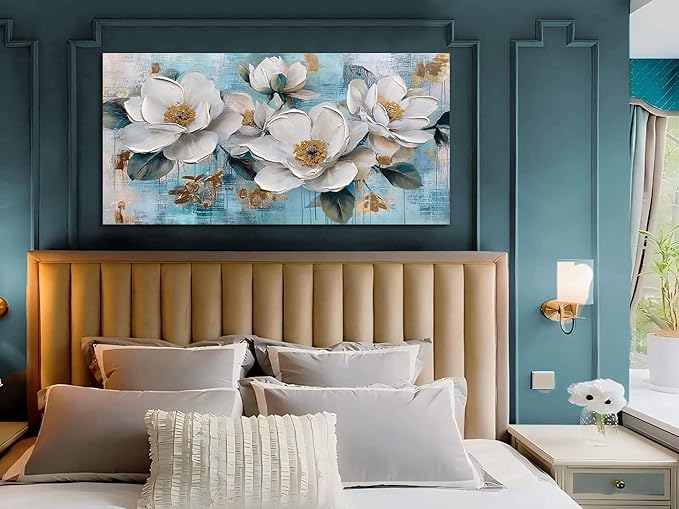 Ardemy Flower Wall Art for Living Room White Floral Canvas Art Wall Decor, Magnolia Teal Picture Textured Painting Turquoise Artwork Bedroom Dining Room Kitchen Home Office 40"x20"
