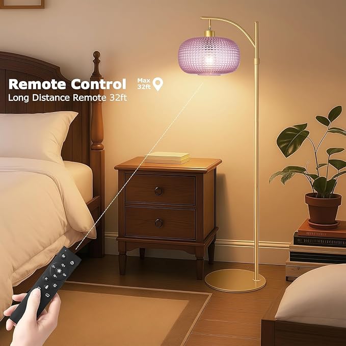 Pink Glass Floor Lamp for Living Room,Bedroom,Gold Dimmable Standing Lamp with Remote,Mid Century Modern Brass Tall Lamp Boho Floor Lamps Arc Stained Glass Flower Floor Light Lamp Girls kids Bohemian